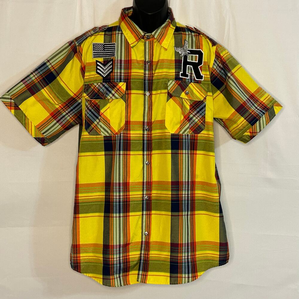 Red Ape Plaid Button Up Shirt Mens 3XL Yellow Patchwork Streetwear Short Sleeve